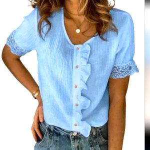 NWOT Boho Feminine Lacey Pale Blue shirt gold buttons size S-M